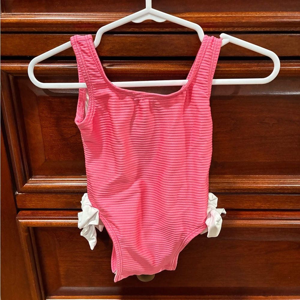 The Beaufort Bonnet Company Pink Ribbed Swimsuit with White Bows